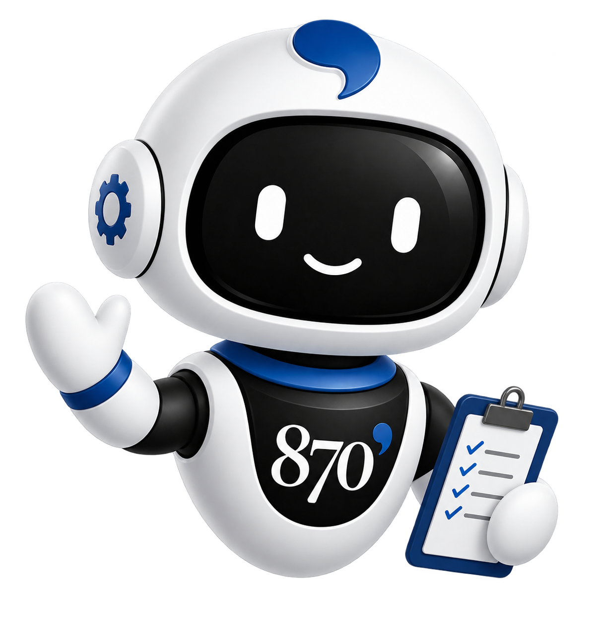Mascota del asistente 870, un robot blanco con detalles azules sosteniendo una tablilla con checks